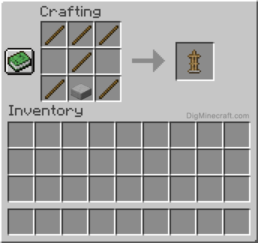 The exact crafting grid layout for a Minecraft armor stand showing sticks and a smooth stone slab