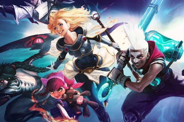 A diverse group of League of Legends champions from various regions